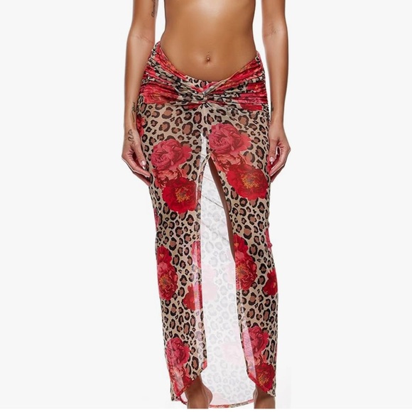 Leopard and Floral Print Mesh Bathing Suit Coverup Skirt - Picture 4 of 4